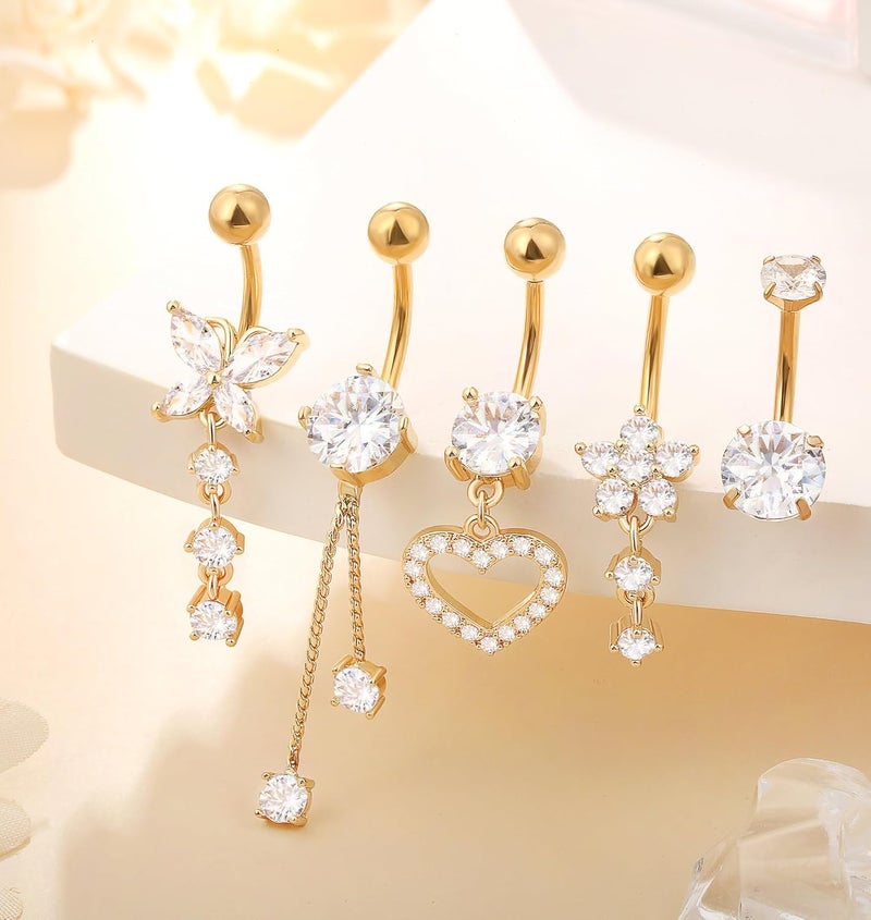 Leocuci Store Surgical Stainless Steel Dangle Belly Button Rings for Women Belly Ring Dangling Piercing Jewelry with Heart Flower Butterfly14G - Image 4